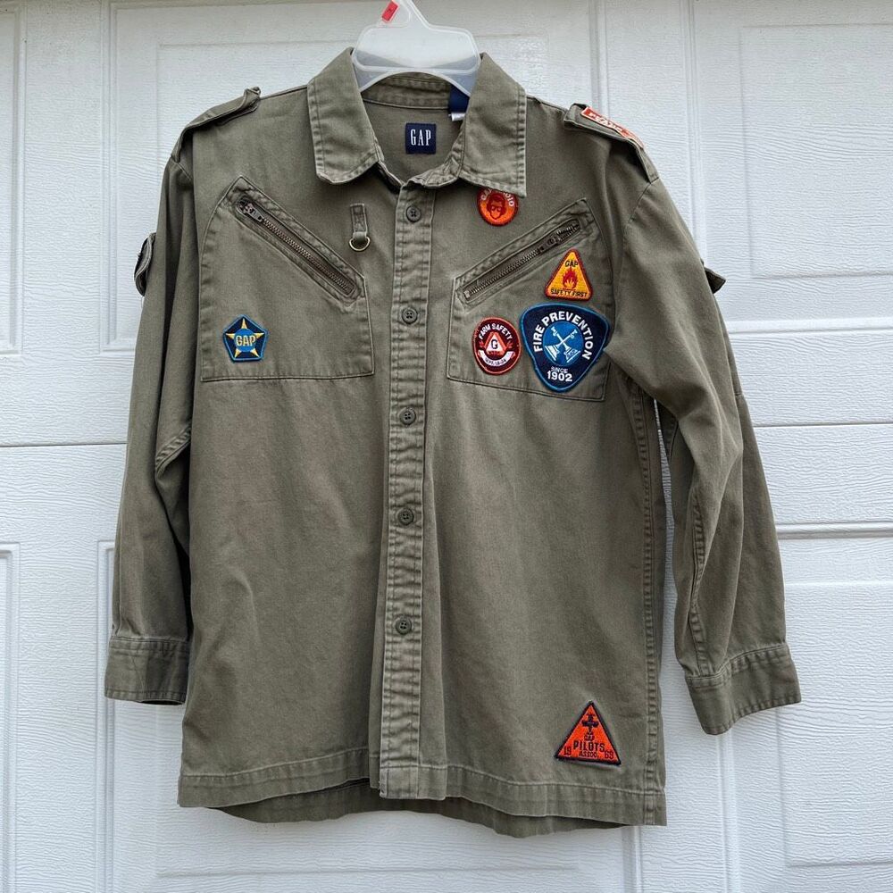 VTG GAP Kids Patch Utility Shirt Jacket Olive Green Military Style L